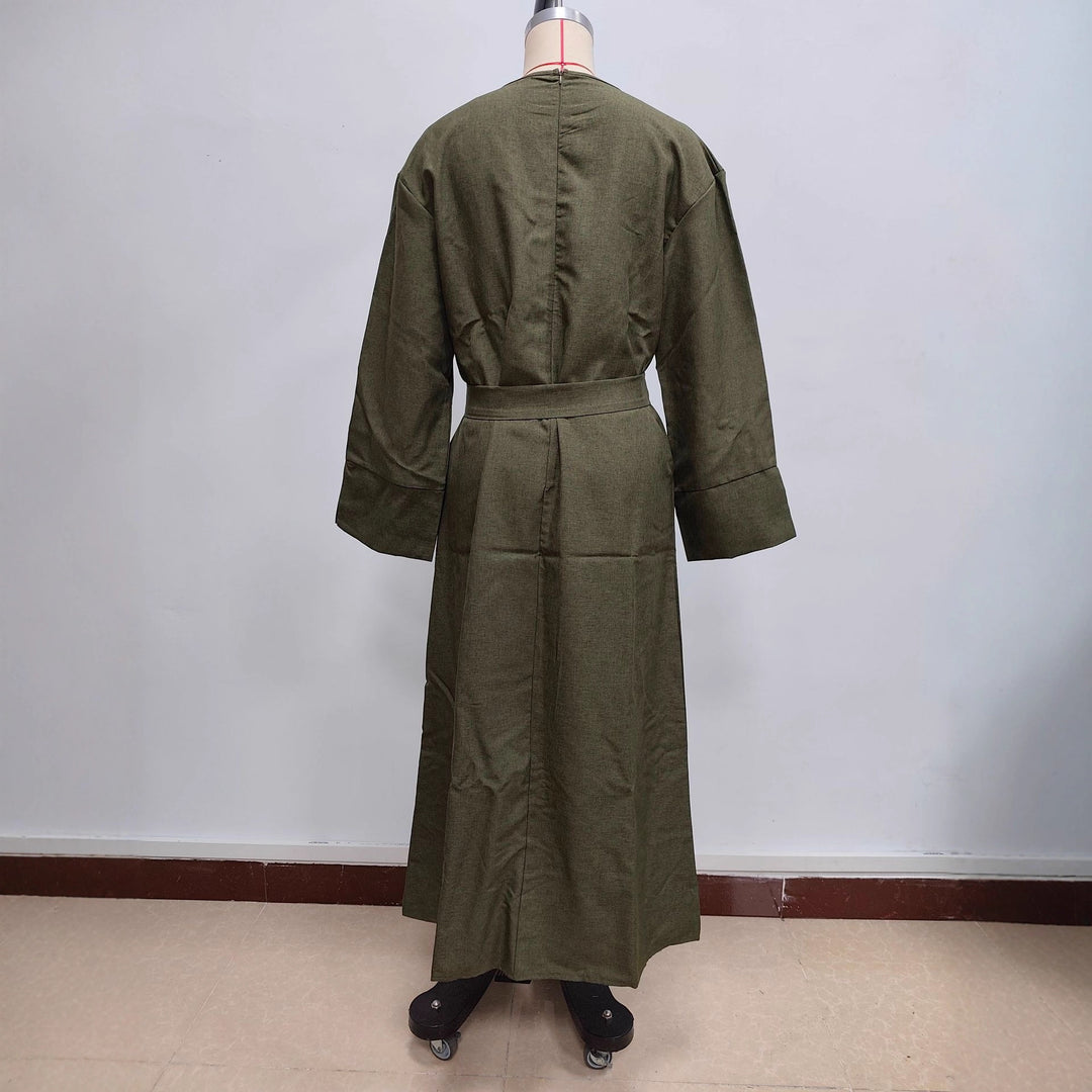 Damen Maxikleid aus Leinen-Mix mit Taillengürtel und weiten Manschellen Shop Nory