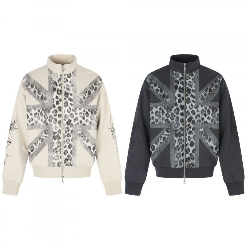 Unisex Kurz geschnittene Boxy-Jacke mit Reißverschluss, hohem Stehkragen und Leoparden-Union-Jack-Print Shop Nory