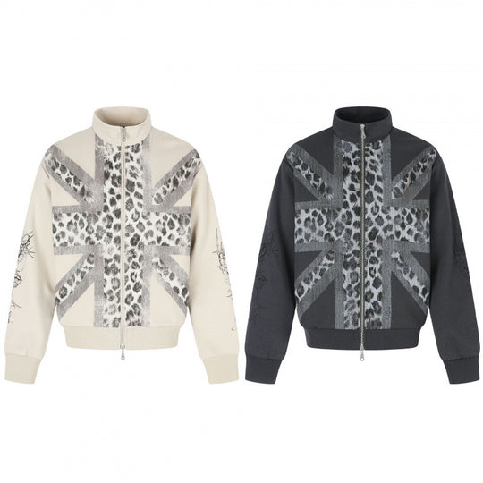 Unisex Kurz geschnittene Boxy-Jacke mit Reißverschluss, hohem Stehkragen und Leoparden-Union-Jack-Print Shop Nory