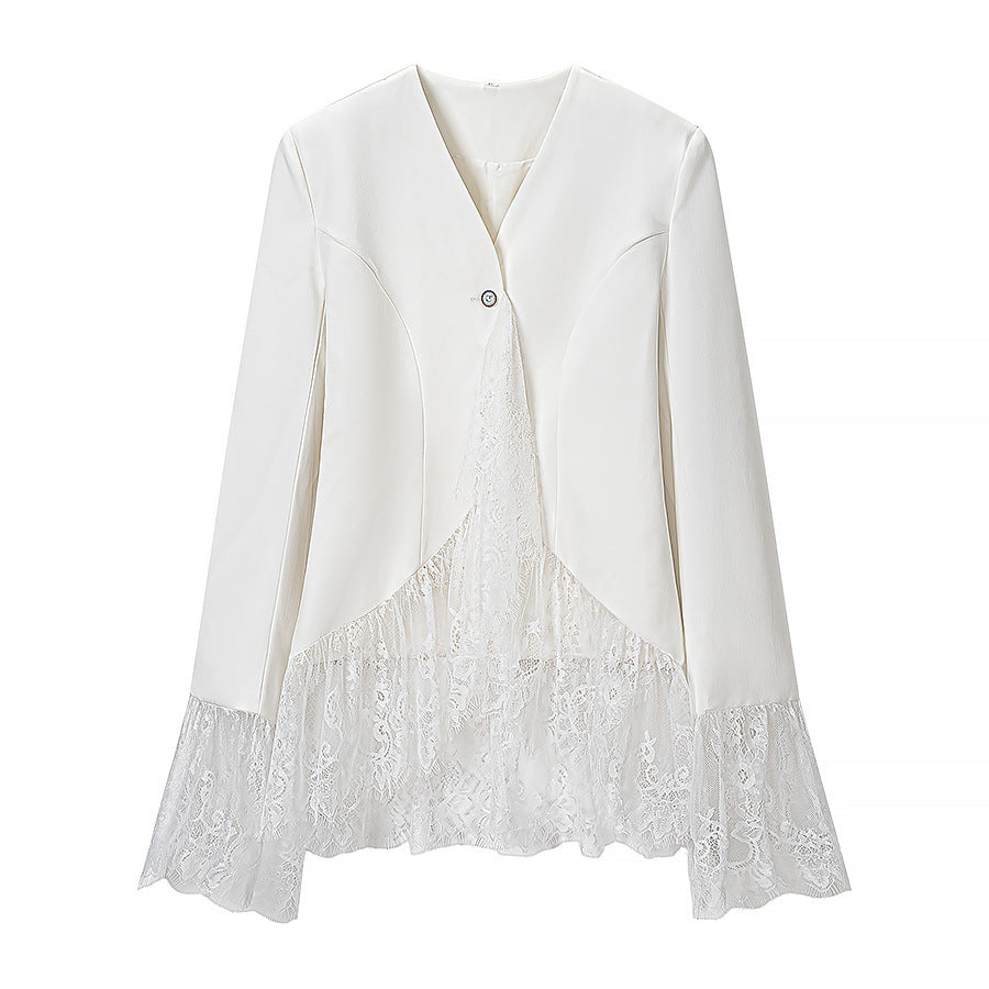 Damen Taillierte Blusenjacke mit Spitzenvolant und Glockenärmeln Shop Nory