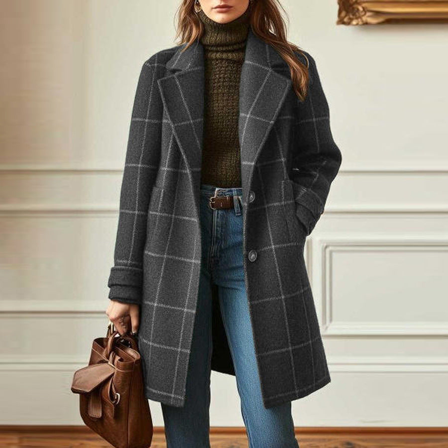 Damen nan karierter Wollmix Mantel mit Reverskragen, aufgesetzten Taschen und taillierter Silhouette Shop Nory
