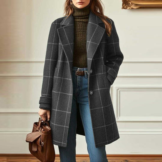 Damen nan karierter Wollmix Mantel mit Reverskragen, aufgesetzten Taschen und taillierter Silhouette Shop Nory