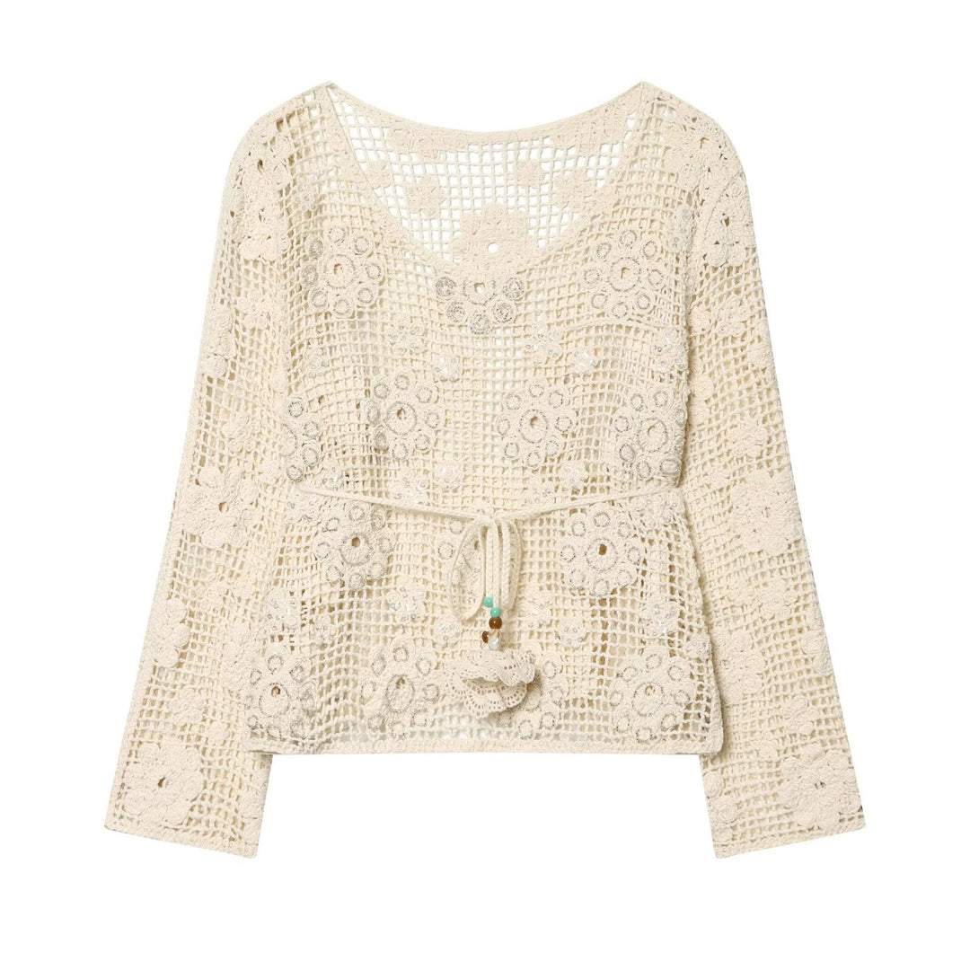 Damen Häkelpullover mit Blumen-Applikationen und Tunnelzug Shop Nory