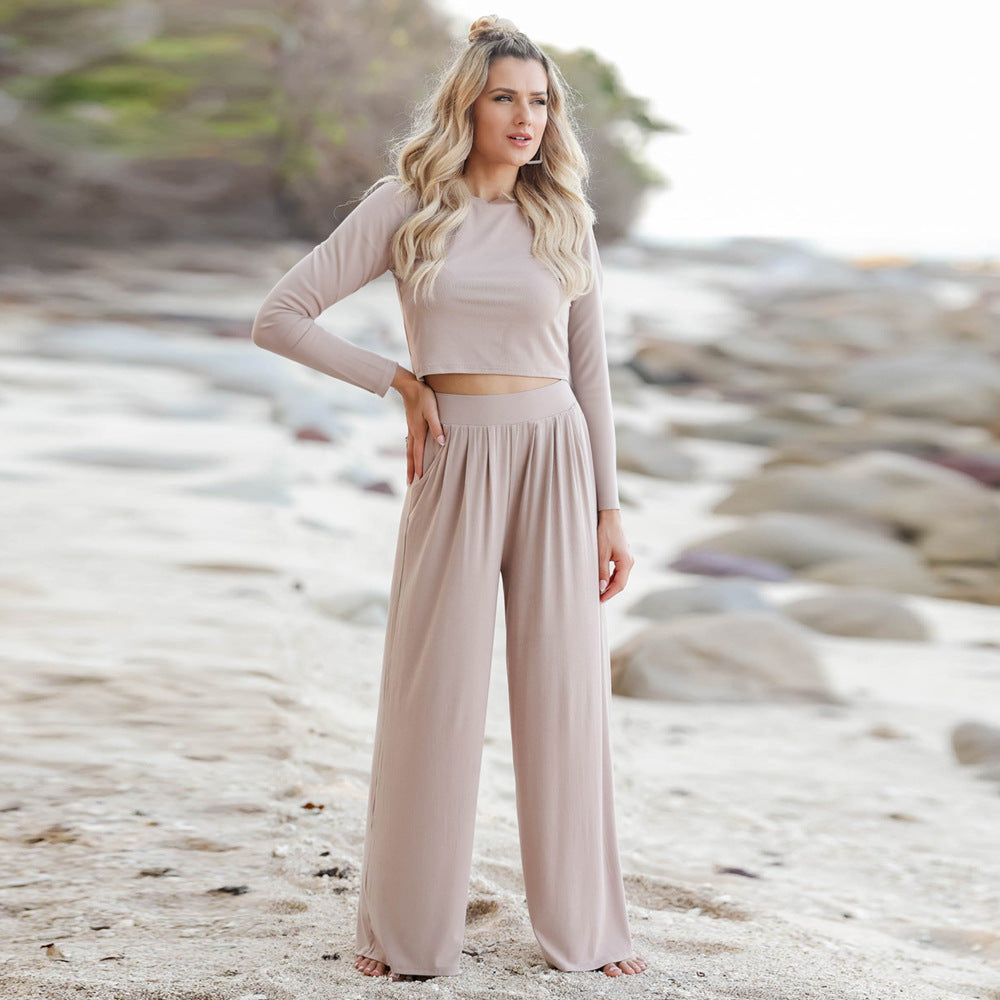 Damen Langarm Cropped Pullover und Hochbund Weite Hose Lounge Set Shop Nory