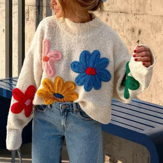 Damen Boxy-Strickpullover mit bunten 3D-Blumenapplikationen Shop Nory