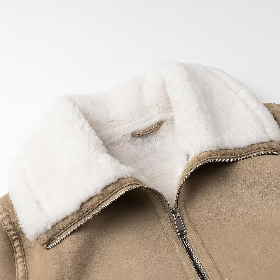 Damen Bomberjacke aus Veloursimitat mit Teddyfutter und großem Schalkragen Shop Nory