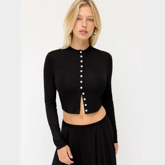Damen Cropped-Cardigan mit Perlmuttknöpfen und asymmetrischem Zipfel-Midirock Shop Nory