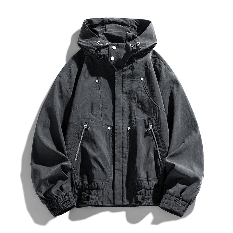 Herren Oversize Canvas-Utility-Kapuzenjacke mit versteckter Druckknopfleiste und Reißverschlusstaschen Shop Nory