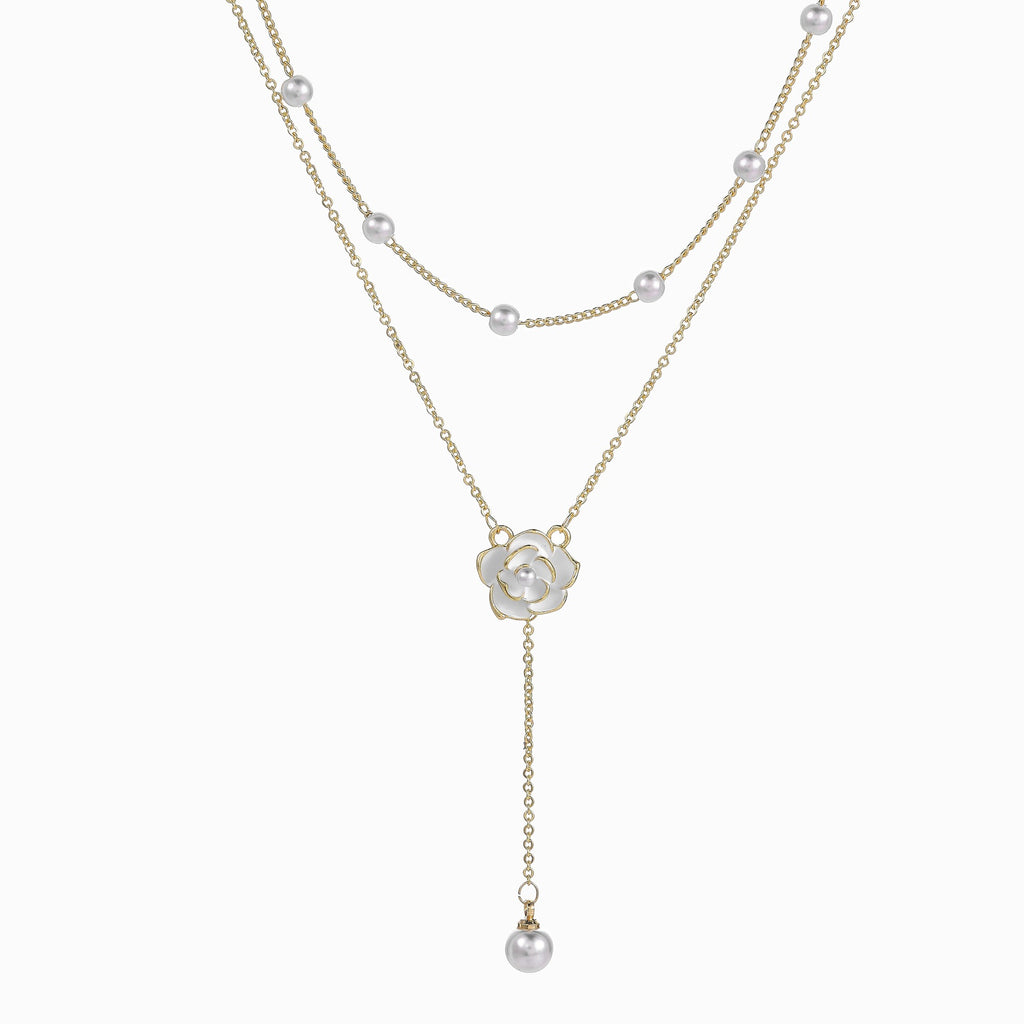 Damen Zarte Perlenkette mit Rosenanhänger Shop Nory