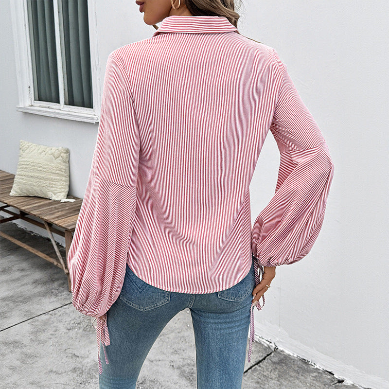Damen Leichte Nadelstreifen-Hemdbluse mit Kordel-Ballonärmeln Shop Nory