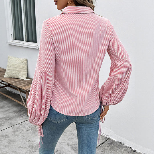 Damen Leichte Nadelstreifen-Hemdbluse mit Kordel-Ballonärmeln Shop Nory
