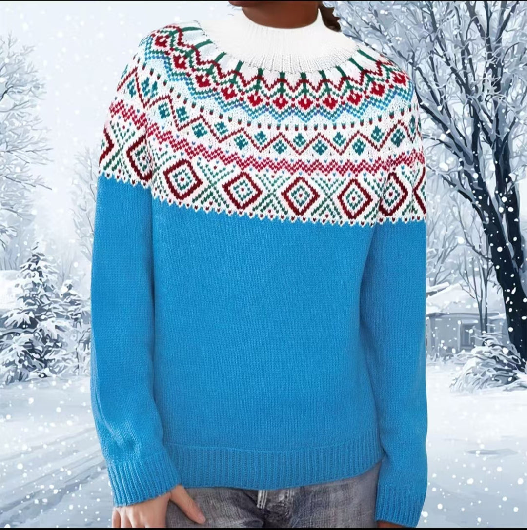 Damen nan melierter Rundhalsausschnittpullover mit kreisförmigem Jacquard-Yoke und geripptem Saum Shop Nory
