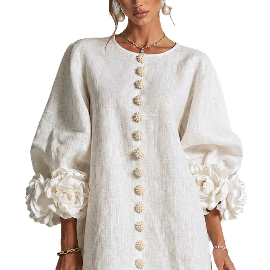 Damen Midikleid mit voluminösen Puffärmeln, 3D-Blütenknopfleiste und Leinenstruktur Shop Nory