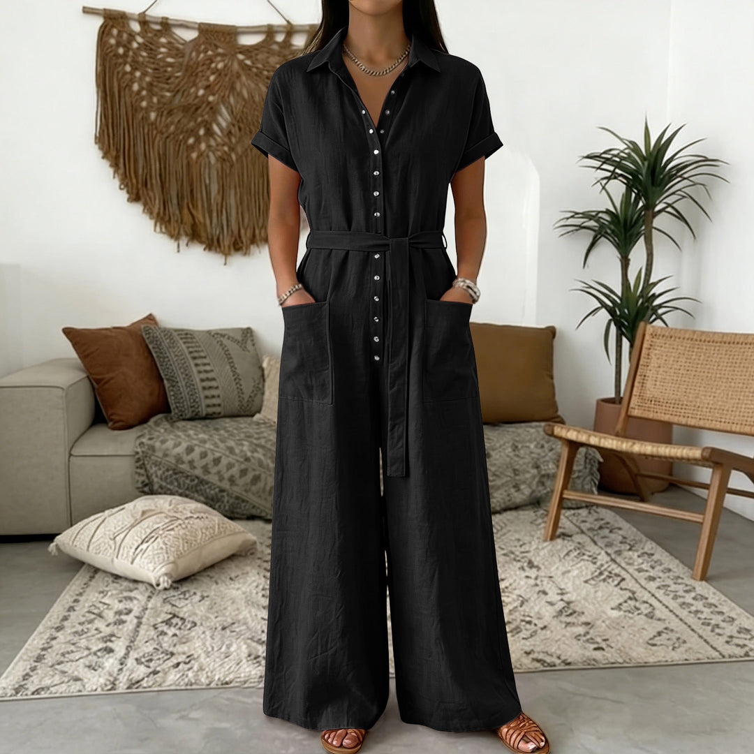 Damen Hemdblusen-Jumpsuit mit weitem Bein, Aufgesetzten Taschen und Bindegürtel Shop Nory