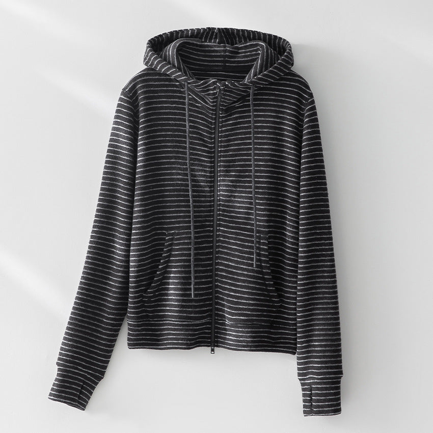 Damen Gestreifte Samt-Fleece Kapuzenjacke mit Reißverschluss und Kängurutaschen Shop Nory