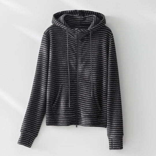 Damen Gestreifte Samt-Fleece Kapuzenjacke mit Reißverschluss und Kängurutaschen Shop Nory