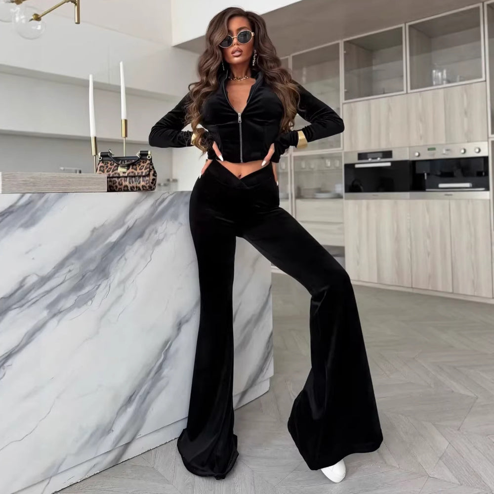 Damen Samt-Cropped-Set mit Reißverschlussjacke und V-förmiger taillenhoher Schlaghose Shop Nory