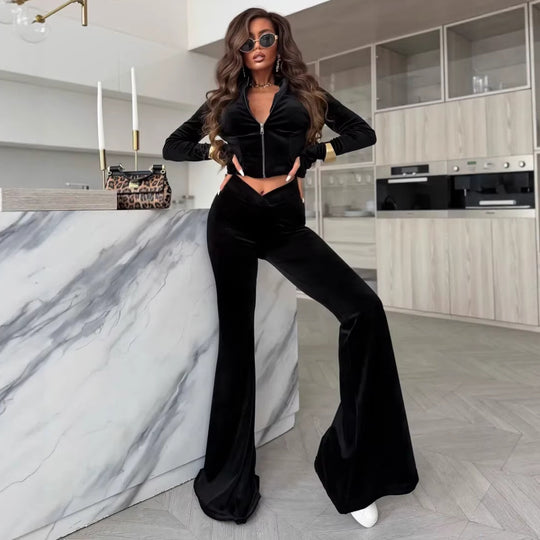 Damen Samt-Cropped-Set mit Reißverschlussjacke und V-förmiger taillenhoher Schlaghose Shop Nory