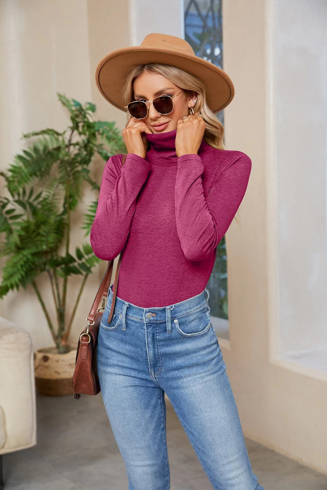Damen Figurnahe Stretch-Jersey Rollkragenoberteil mit langem Arm Shop Nory