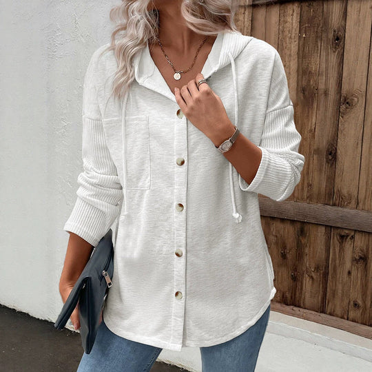 Damen Kapuzencardigan mit Knopfleiste, kontrastierenden Rippärmeln und lässiger Longline-Silhouette Shop Nory