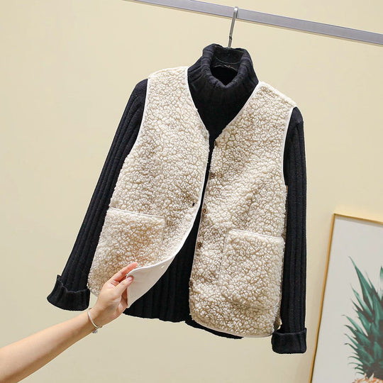 Damen Teddy-Fleece Weste mit Knopfleiste und Aufgesetzten Taschen Shop Nory