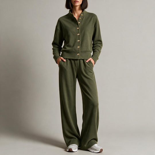 Damen Sweatjacke mit Druckknopfleiste, Stehkragen und weichem Lounge-Schnitt Shop Nory