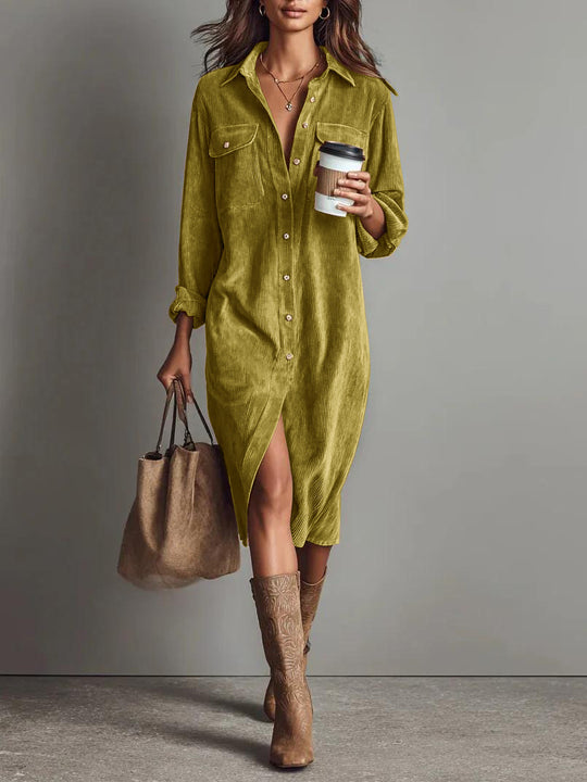 Damen Hemdblusenkleid aus Cord mit Brusttaschen, Knopfleiste und Schlitze Shop Nory