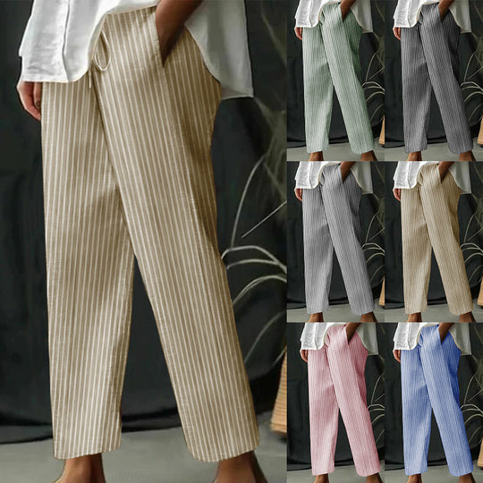 Damen gestreifte Leinen-Optik-Hose mit hohem Bund, Kordelzug und geradem, cropped Schnitt Shop Nory