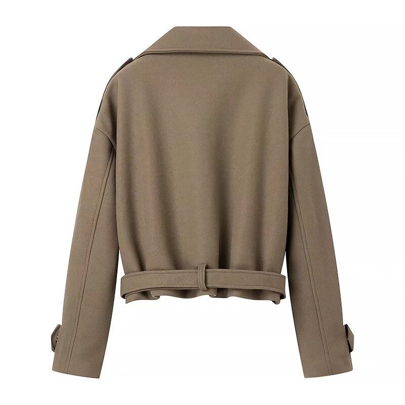 Damen Kurzer Wollmix-Trench mit Gürtel, Epauletten und weitem Revers Shop Nory