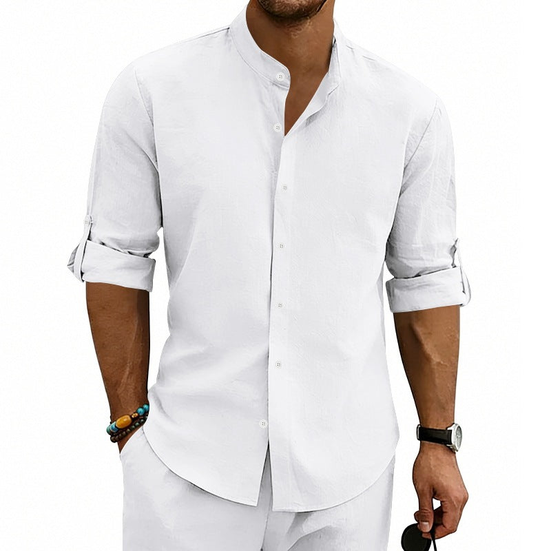 Herren Modernes Leinenmix-Hemd mit Stehkragen, aufrollbaren Ärmeln und schmaler Knopfleiste Shop Nory