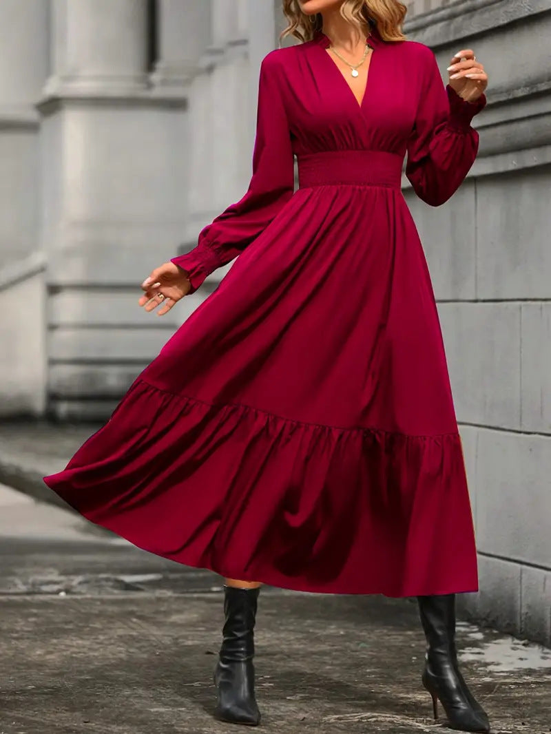 Damen Maxikleid mit elegantem V-Ausschnitt und voluminösen Ärmeln