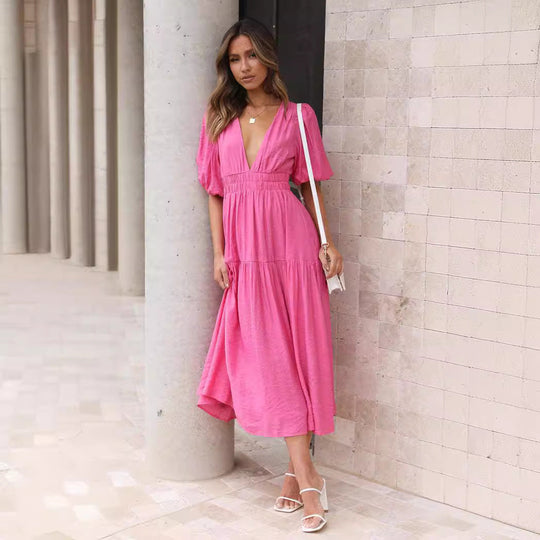 Damen Maxikleid mit weiten Puffärmeln und elastischem Taillenzug