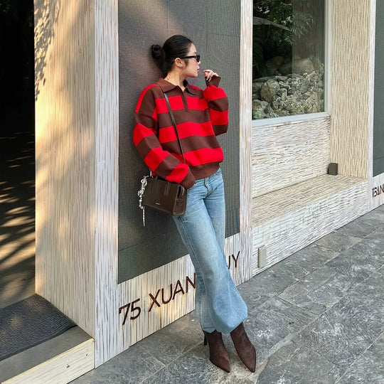 Damen Oversize Rugby-Strickpullover mit Polokragen & breiten Blockstreifen Shop Nory