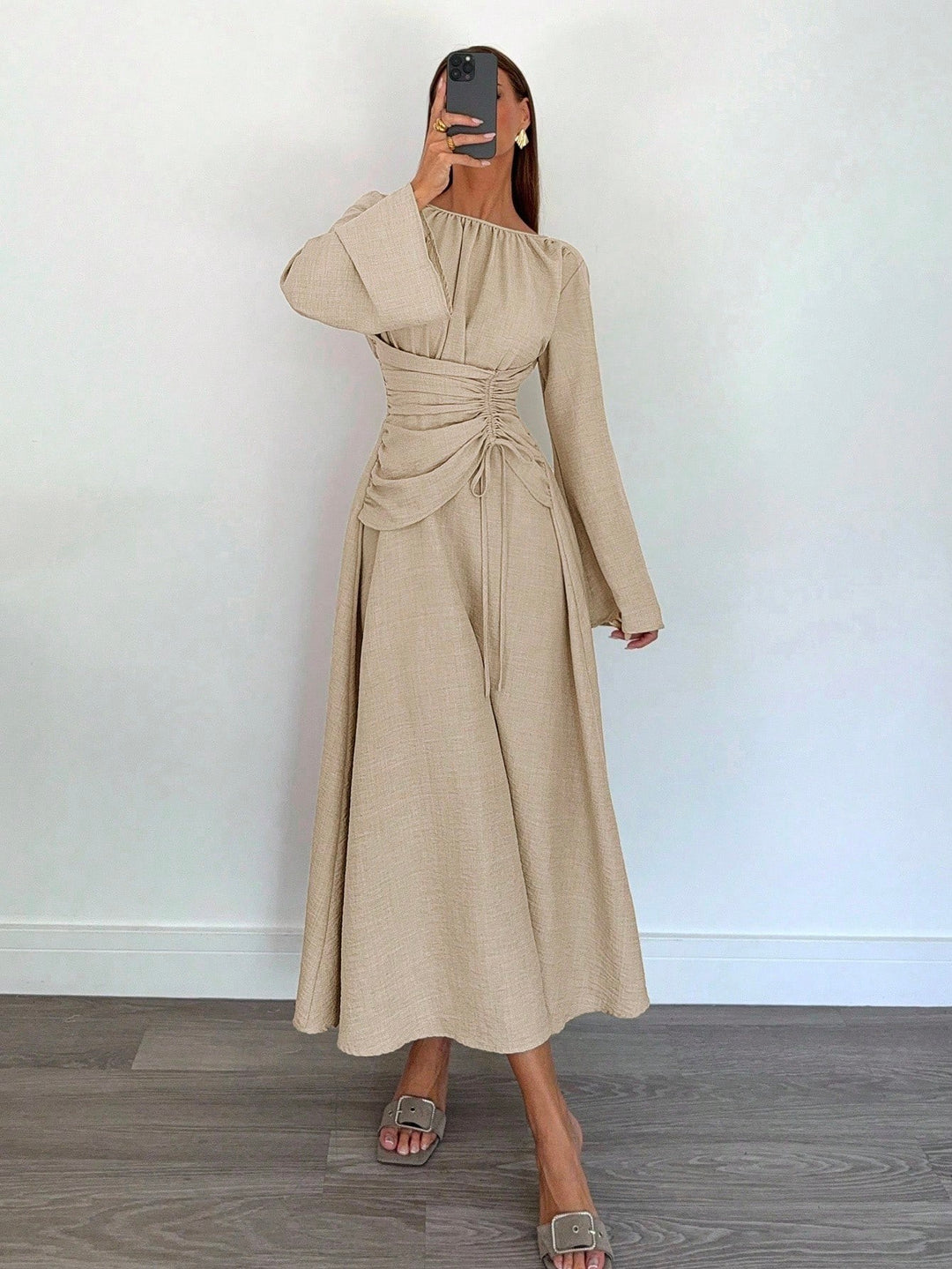 Damen Maxikleid mit geraffter Taillen-Schnürung, weiten Ärmeln und fließendem Rock Shop Nory