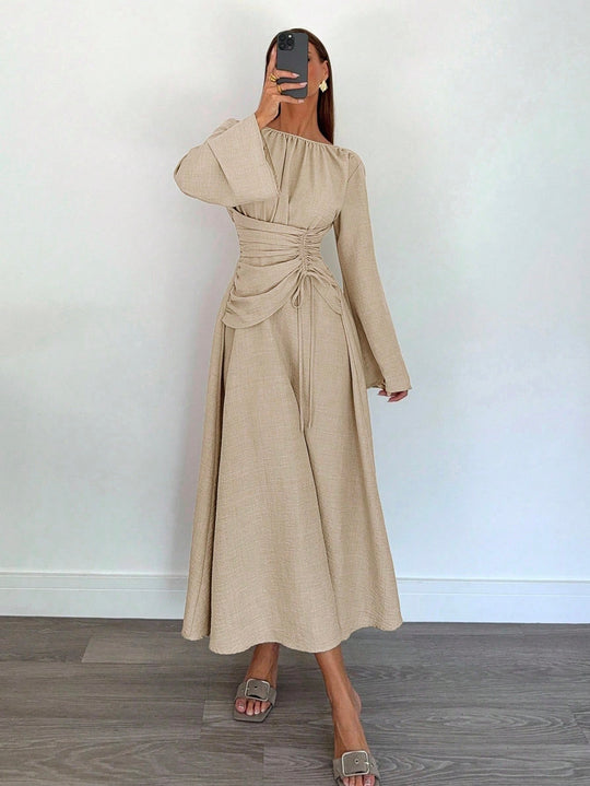 Damen Maxikleid mit geraffter Taillen-Schnürung, weiten Ärmeln und fließendem Rock Shop Nory