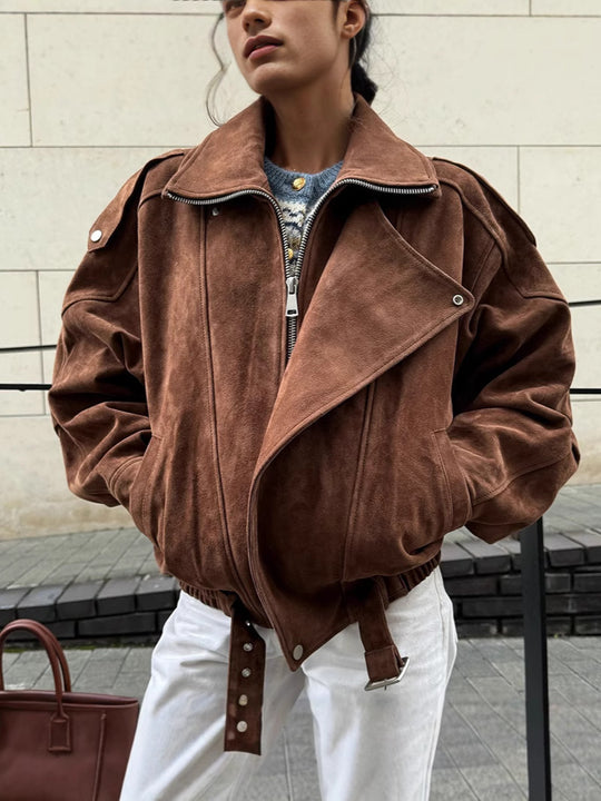 Damen Oversized Veloursleder-Bomberjacke mit Taillengürtel und Schalkragen Shop Nory