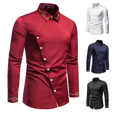 Herren Elegantes Langarmhemd mit asymmetrischem Knopfdesign und gesticktem Kragen