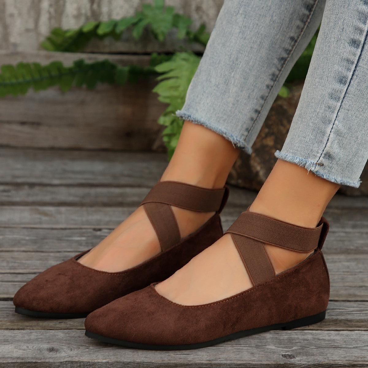 Damen Ballerina-Schuhe mit elastischen Kreuzbändern und rutschfester Sohle