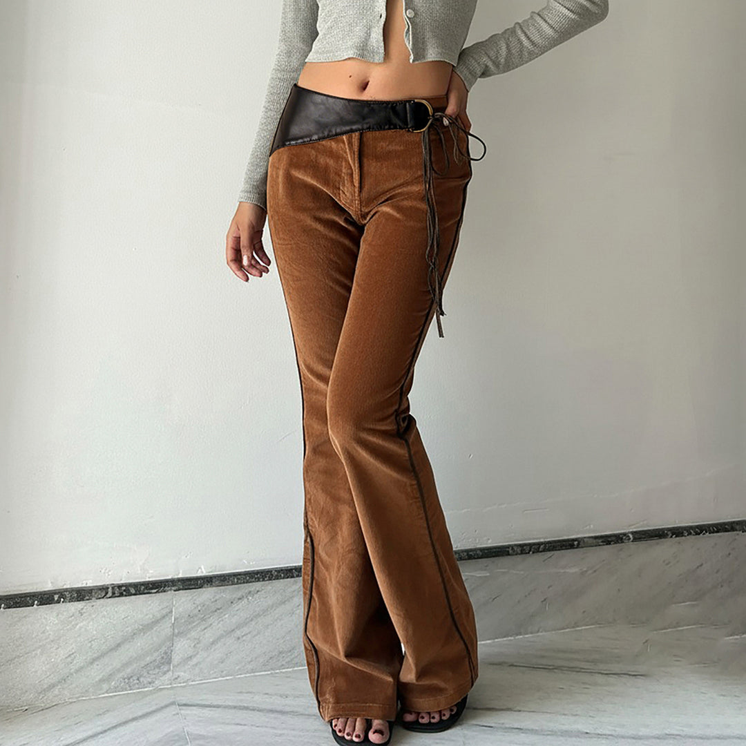 Damen nan ausgestellte Cordhose mit hohem Bund, Lederbesatz und Bindeband Shop Nory