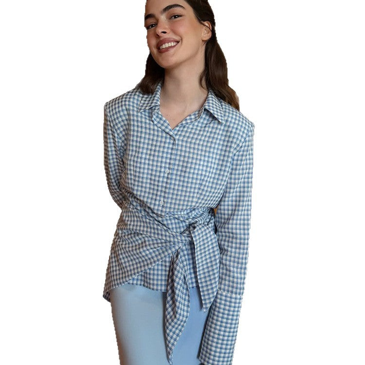 Damen Gingham-Wickelbluse mit seitlicher Taillenbinde und Hemdkragen Shop Nory