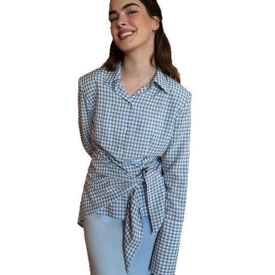 Damen Gingham-Wickelbluse mit seitlicher Taillenbinde und Hemdkragen Shop Nory