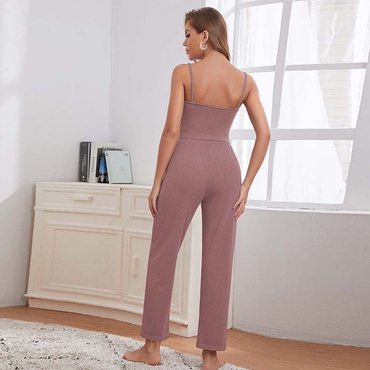 Damen dreiteiliges Lounge-Set aus Waffelstrick mit Longcardigan Spaghettiträger-Top und Highwaist-Jogginghose Shop Nory