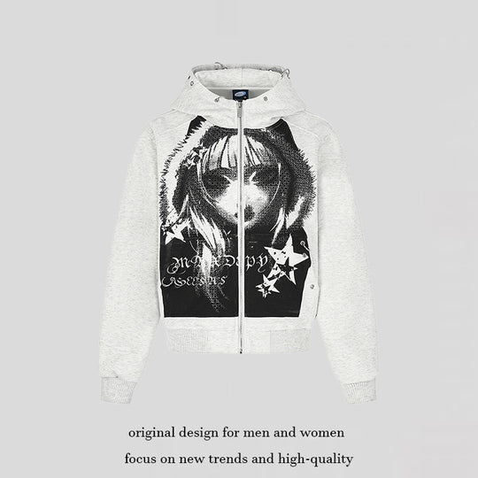 Damen Kapuzen‑Sweatjacke mit fotorealistischem Manga‑Frontprint, Fleece‑Futter und durchgehendem Reißverschluss Shop Nory