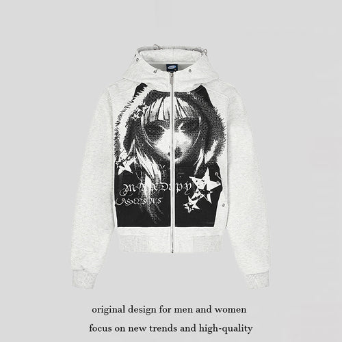 Damen Kapuzen‑Sweatjacke mit fotorealistischem Manga‑Frontprint, Fleece‑Futter und durchgehendem Reißverschluss Shop Nory