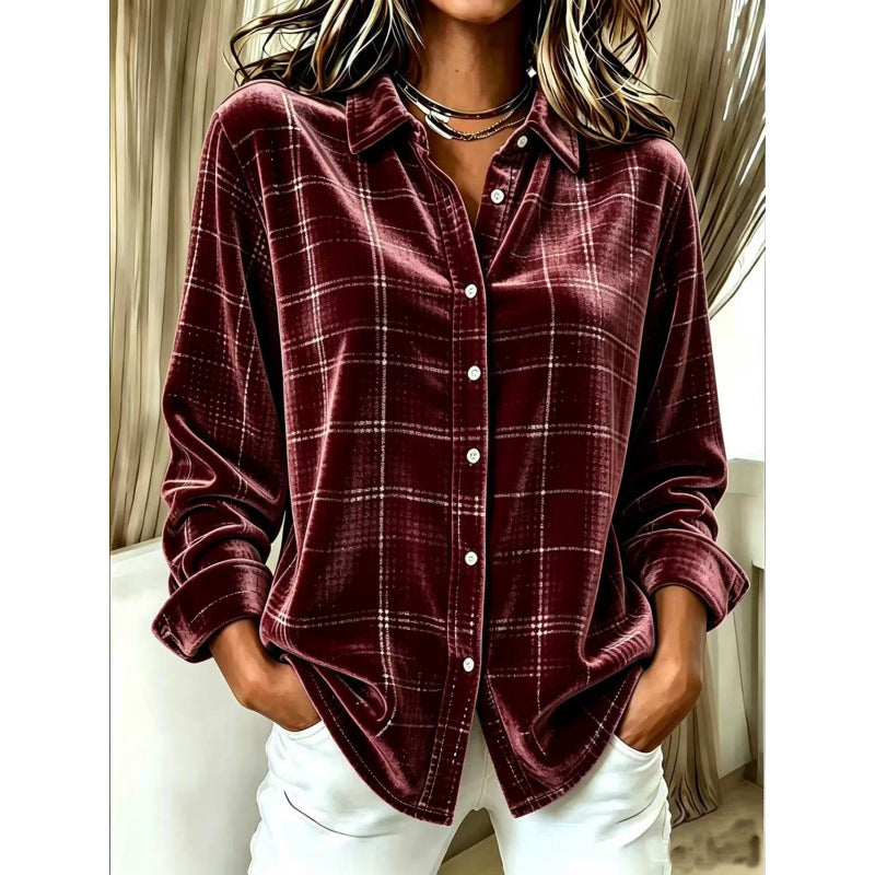 Damen Samt-Hemdbluse mit Karomuster und lockerem Oversize-Schnitt Shop Nory