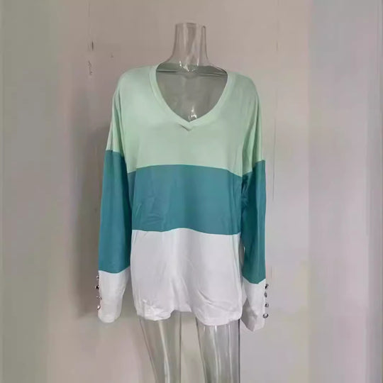 Damen Colorblock V-Ausschnitt Sweatshirt mit Zierknöpfen an den Ärmeln Shop Nory