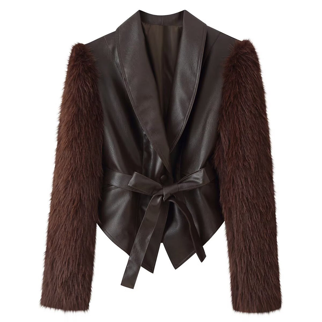 Damen Kurzjacke aus Lederimitat mit langen Kunstfellärmeln und Bindegürtel Shop Nory