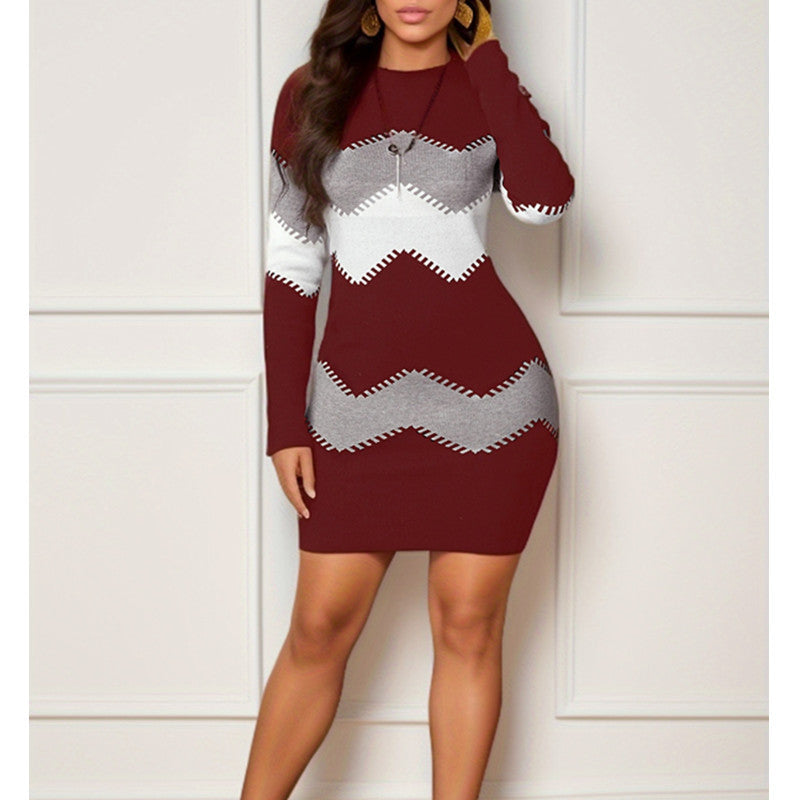 Frauen Figurbetont Strick Mini Kleid mit langen Ärmeln und Zickzack-Muster Shop Nory