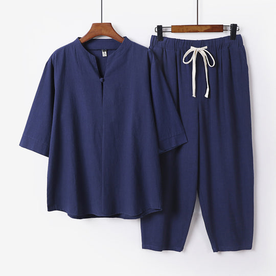 Damen Leichtes Leinen-Baumwoll-Loungewear-Set mit Stehkragen, Dreiviertelärmeln und Gummizugbundhose Shop Nory