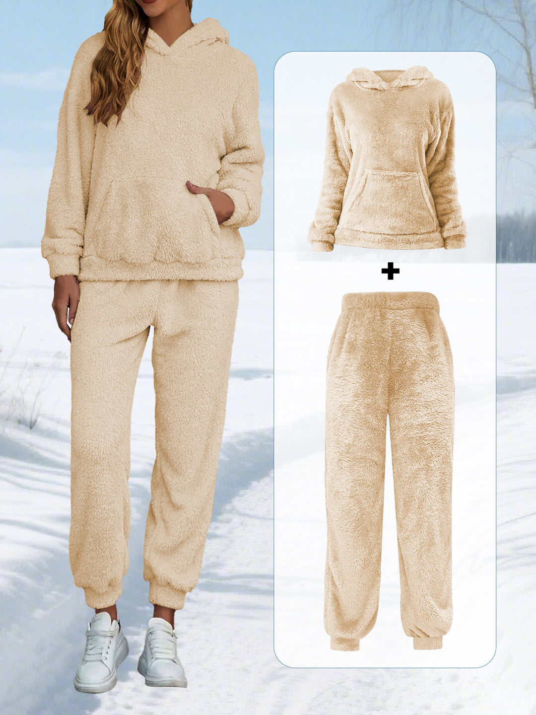 Damen Kuscheliges Teddy-Fleece Lounge-Set mit Kapuze und Kängurutasche Shopy Nory